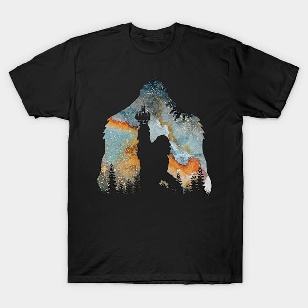 Bigfoot Hiking Aurora Background T-Shirt by Dianeursusla Clothes